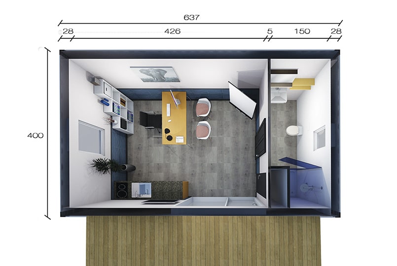 Shelty 20m² bureau + cuisine + salle de bain